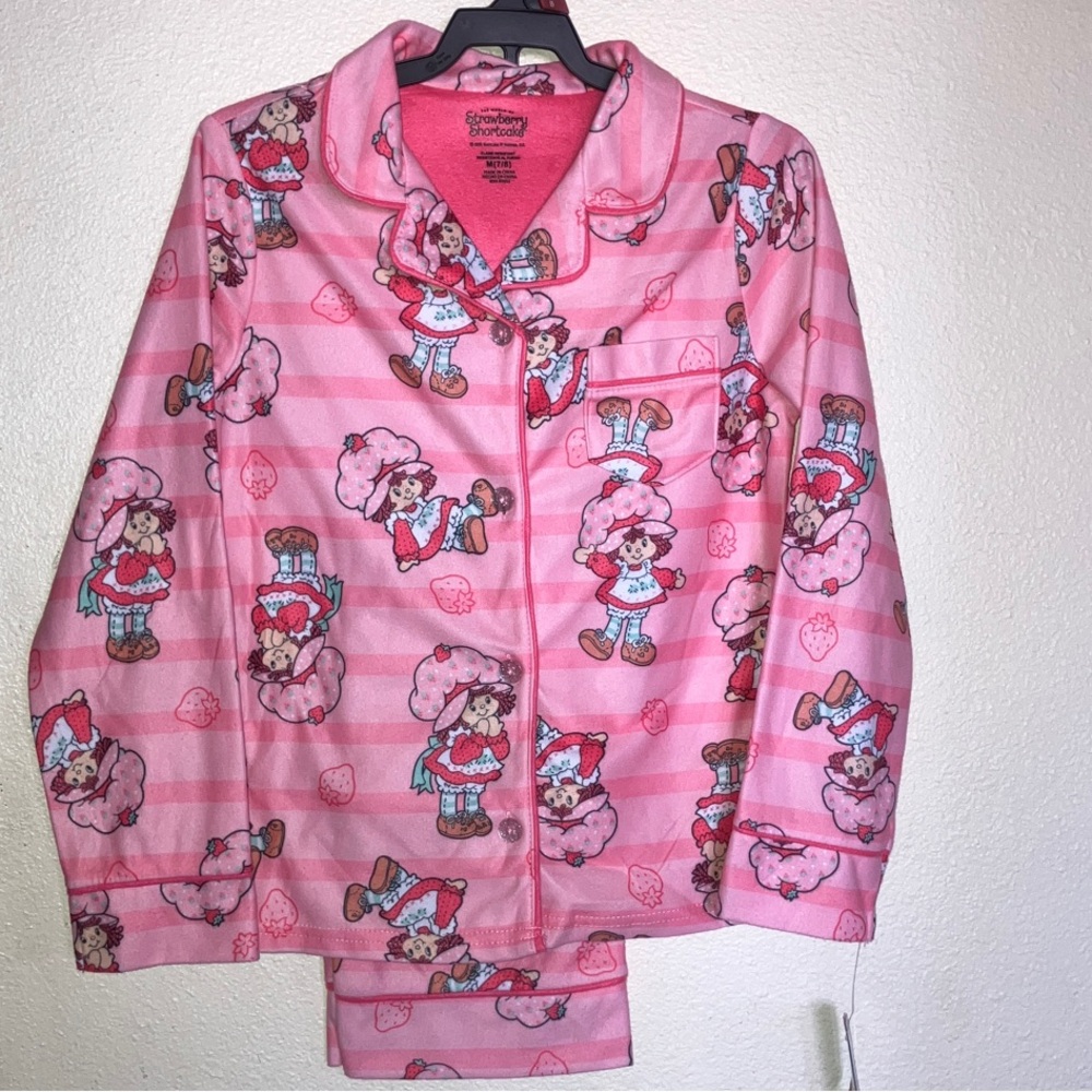 Strawberry Shortcake Pink‎ Kids Flannel Pajama Set Flame Resistant M 7/8 New